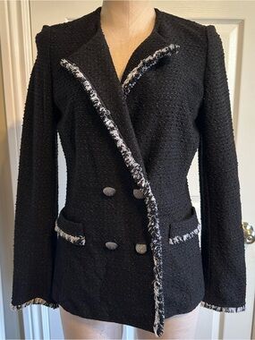 St. John black Blazer with White Fringe Trim